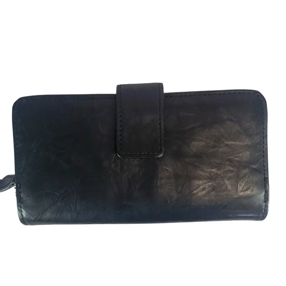 Vtg Guang Tong Black Genuine Leather Wallet Multi Pockets Basic Neutral Minimal